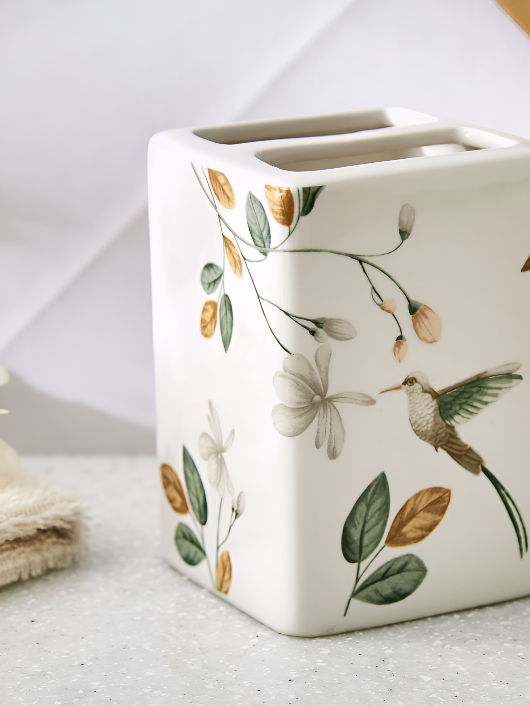 Home Centre White & Green Floral Ceramic Tooth Brush Holder