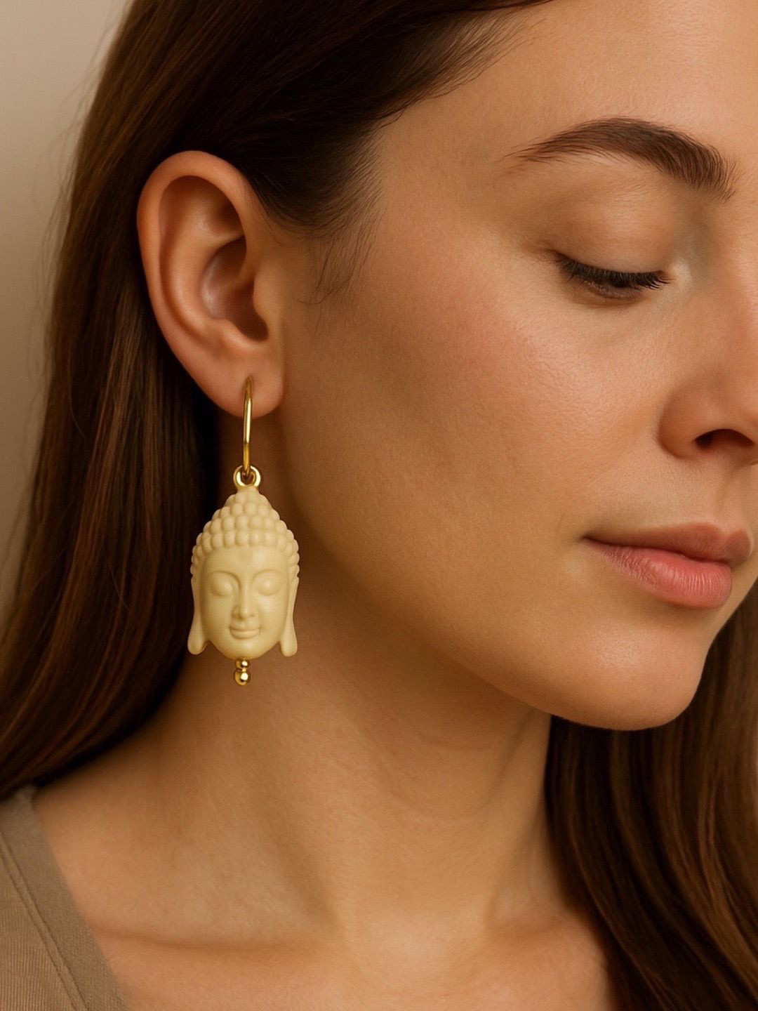 Digital Dress Room Mini Buddha Faced Gold-Plated Contemporary Drop Earrings