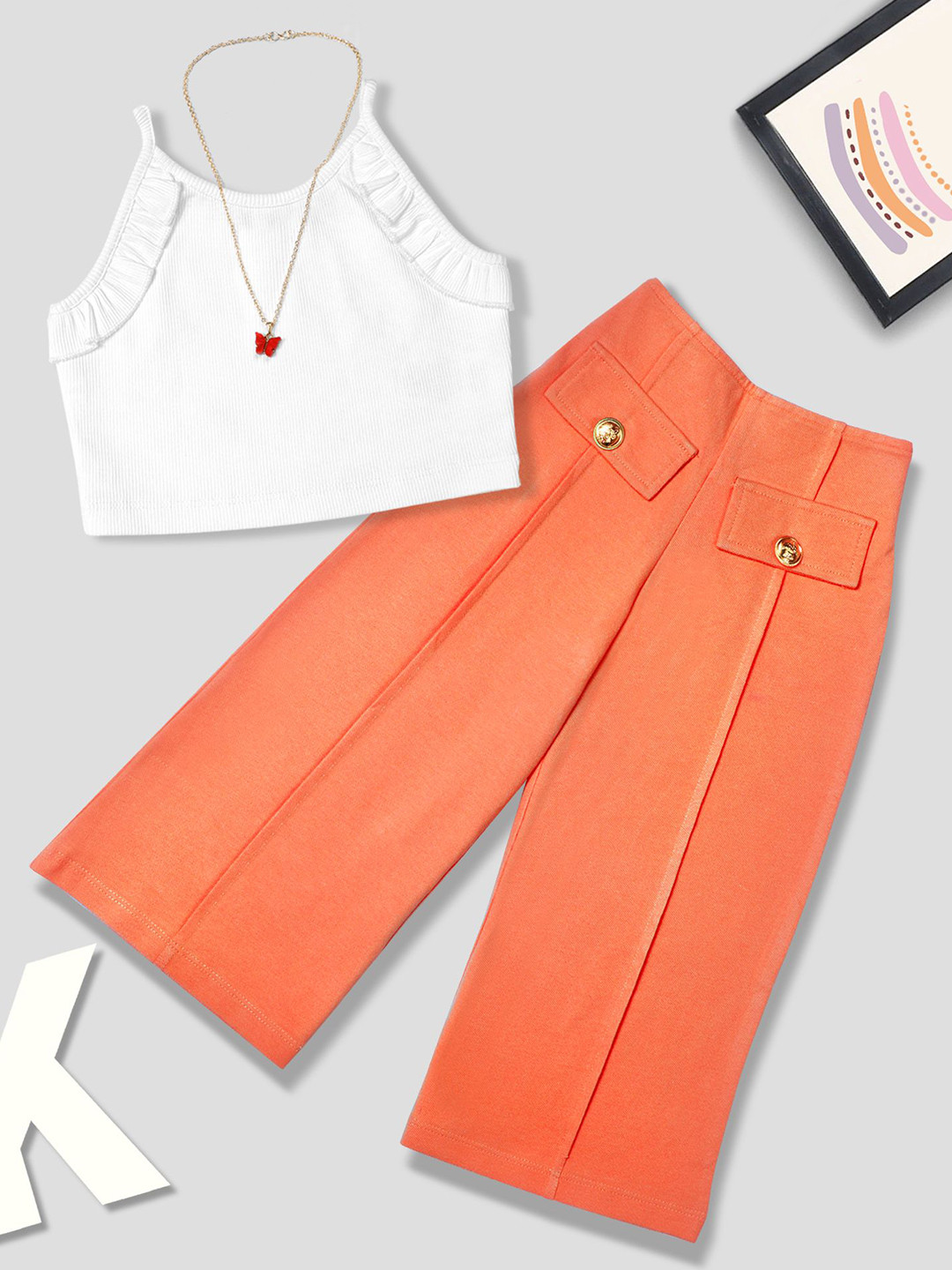 Tiara Cotton Spandex Rib Top With Pique Spandex Flared PLazzo With Necklace