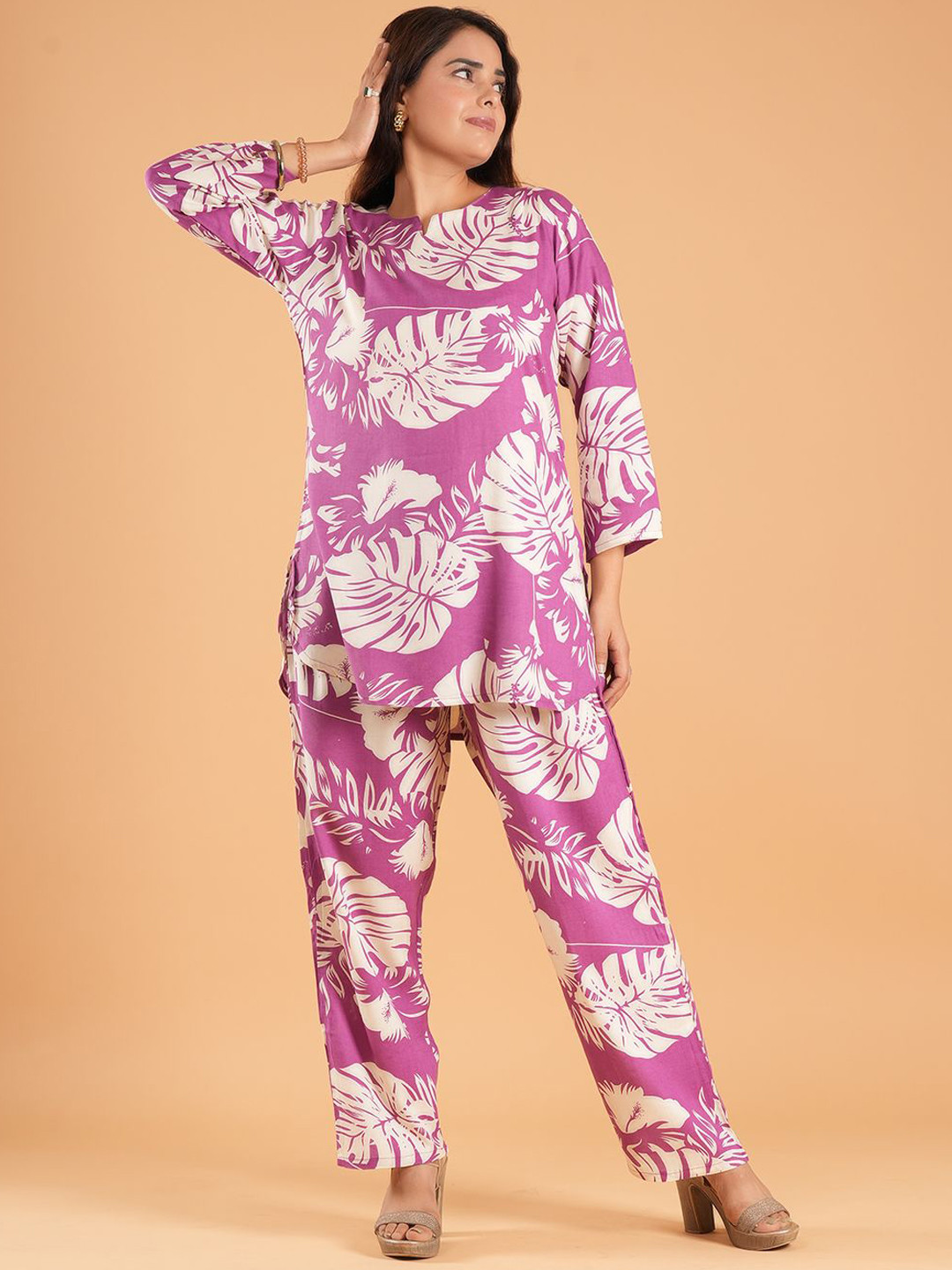 Based Leaf Printed Pure Cotton Tunic With Trouser Co-Ords