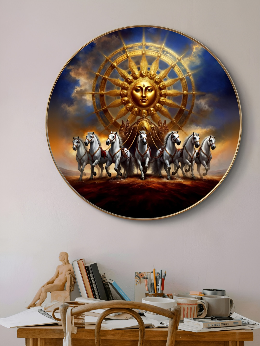 Livin'luxe Blue & White Lord Surya Dev Printed Wooden Wall Art