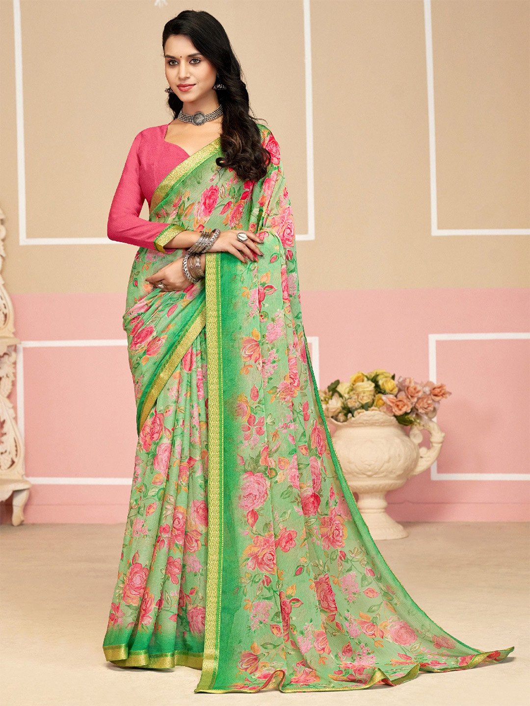 KALINI Floral Print Patchwork Poly Chiffon Designer Saree