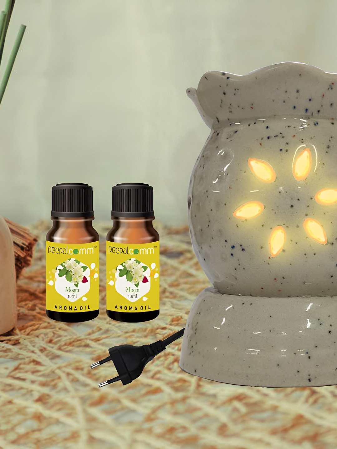 PEEPALCOMM 3 Pcs White Electric Flower Round Diffuser With Mogra Oils - 10 ml Each