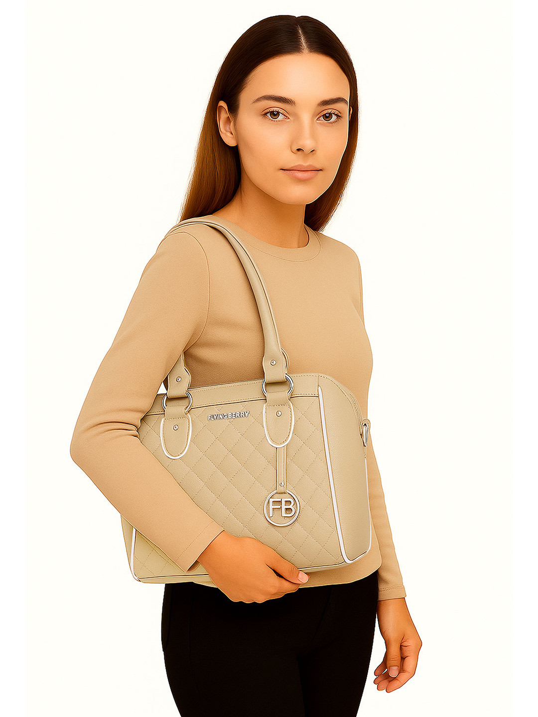 FLYING BERRY Beige Solid Handheld Bag