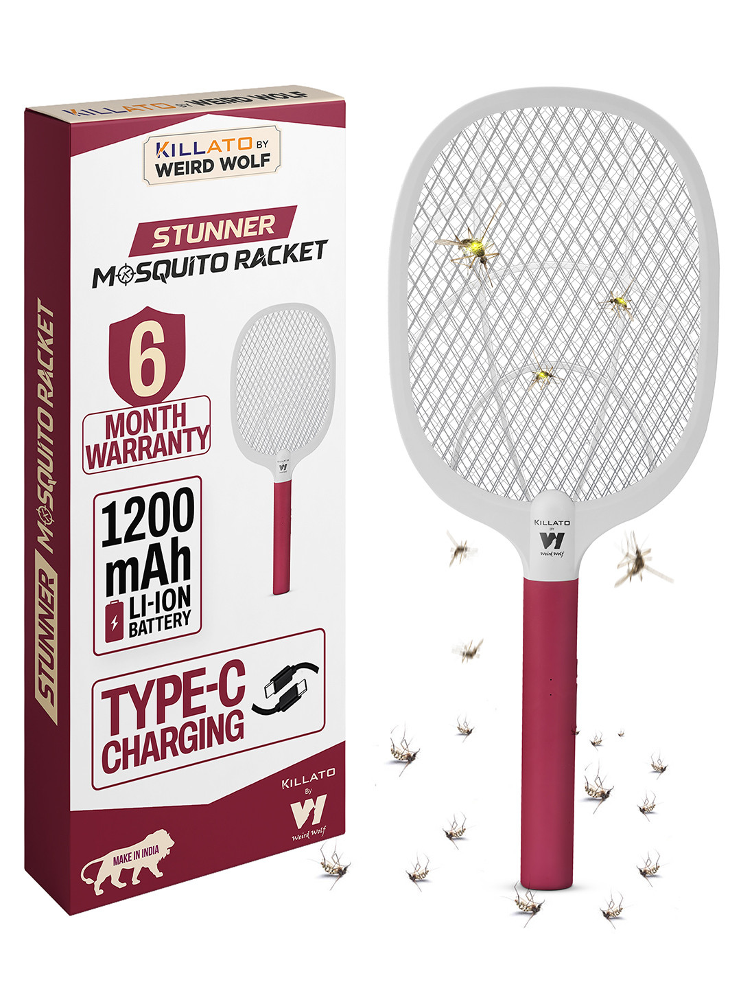 killato White & Maroon Type-C 1200 Rechargeable Mosquito Bat