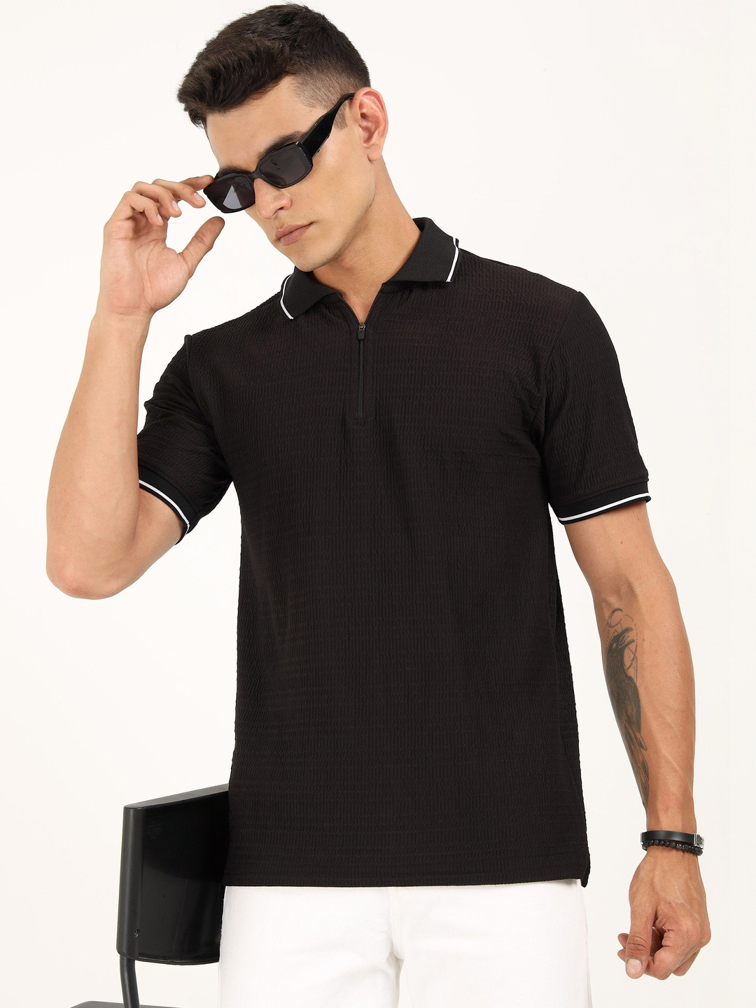 THE BEETEL HOUSE Men Textured Polo Collar T-shirt