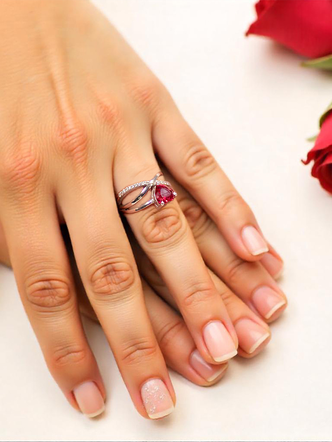 Amalfa Amor Stainless Steel Silver-Plated Stones-Studded Infinity Heart Finger Ring