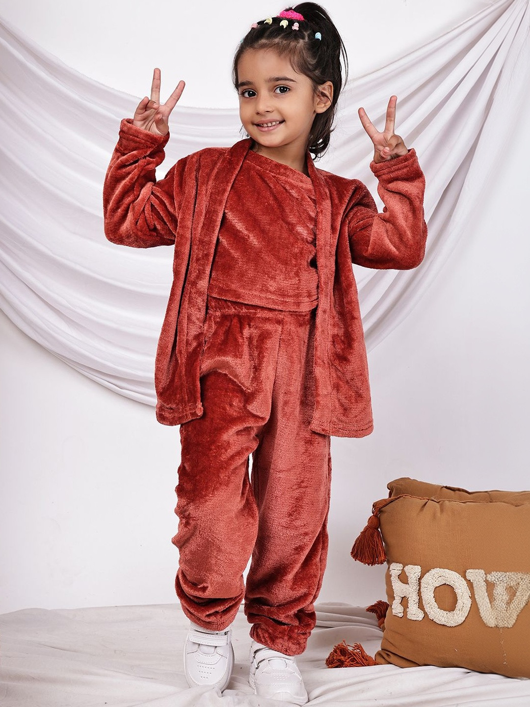 YK Girls Maroon Fleece Cami Top with Shrug & Trouser Co-ord Set