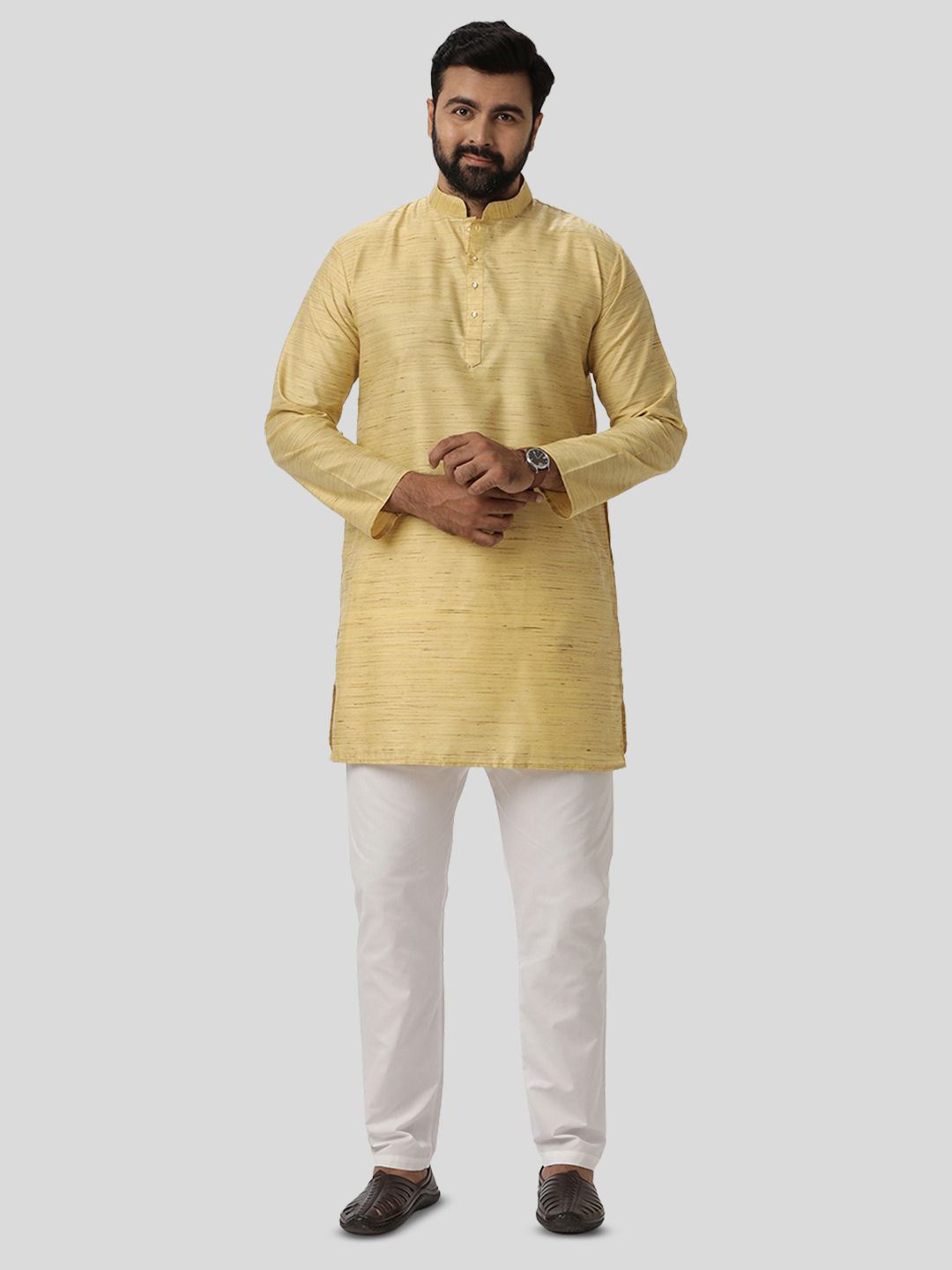 UATHAYAM Men Light Yellow Kraft Cotton Blend Long Kurta