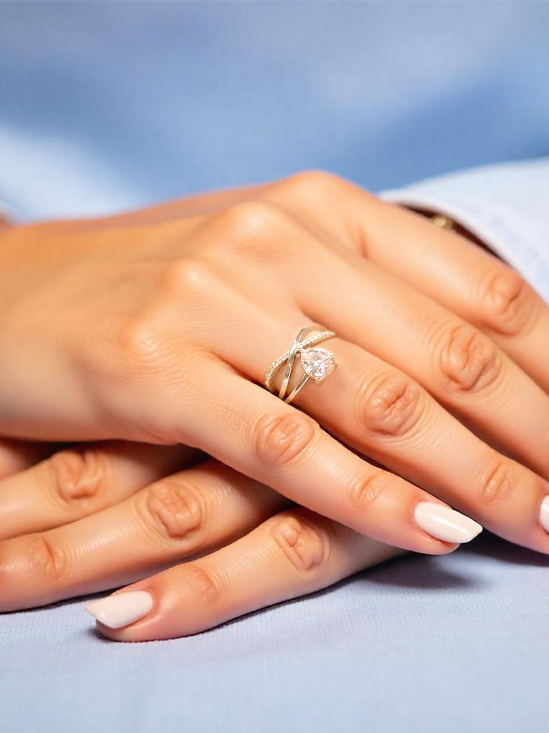 Amalfa Stainless Steel Silver-Plated Stones Studded Infinity Heart Finger Ring