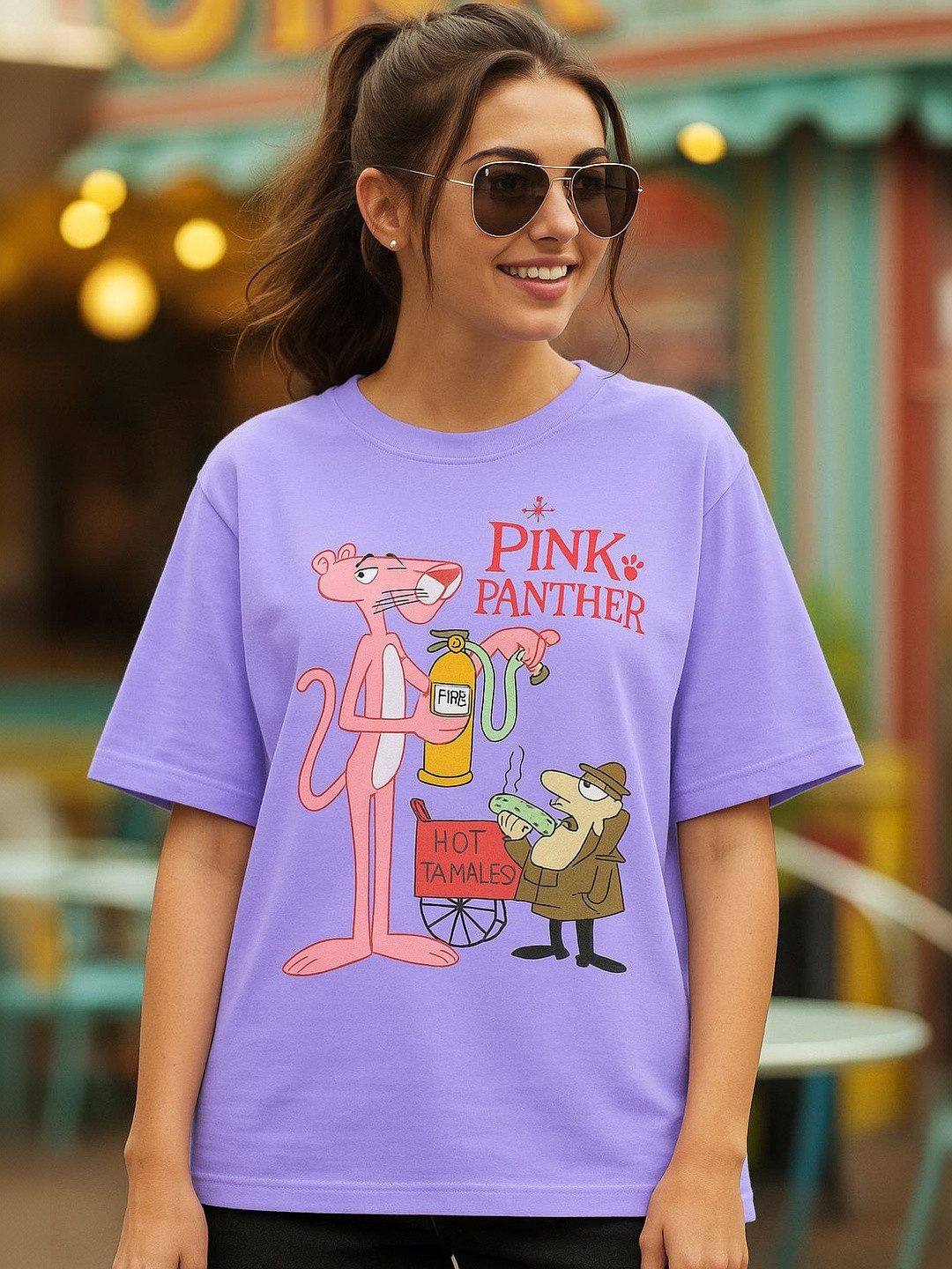 Moda Rapido Women Pink Panther Printed Drop-Shoulder Sleeves Cotton Oversized T-shirt