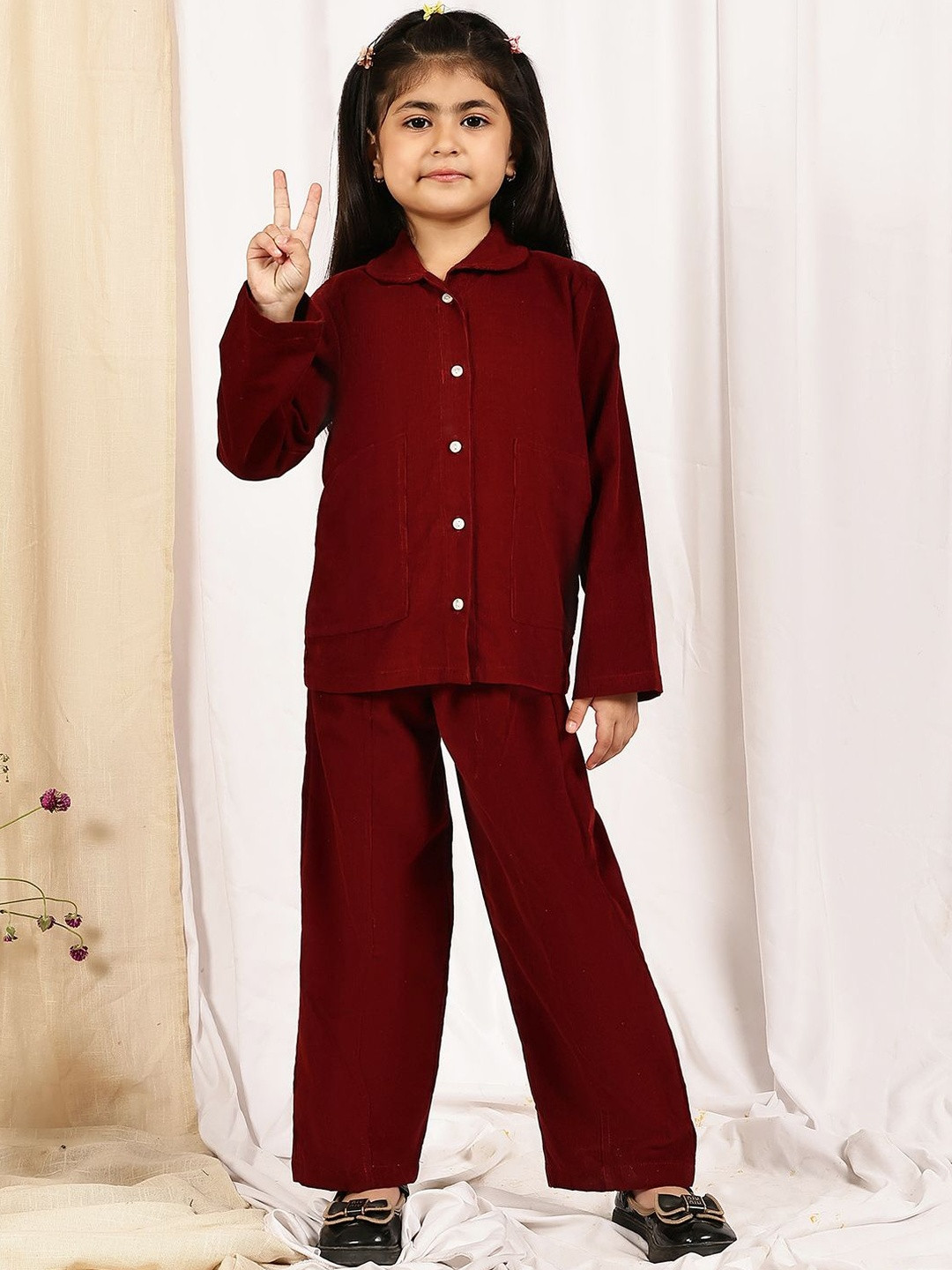 YK Girls Maroon Corduroy Button-Down Jacket Trousers Co-ord Set
