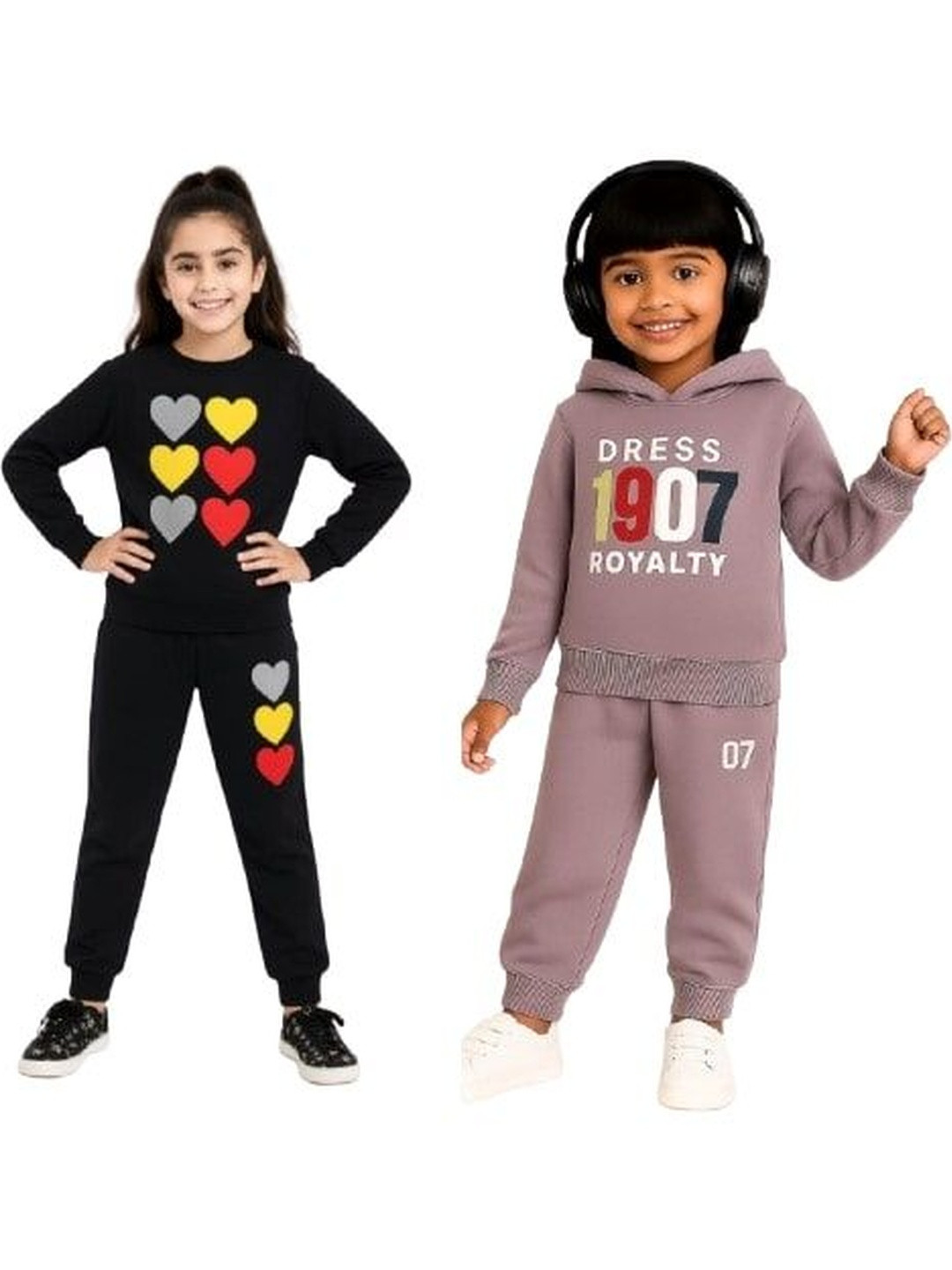 US TRENDZ Girls Pack Of 2 Printed Cotton Loop Knit Full-Sleeve Hooded Tracksuit