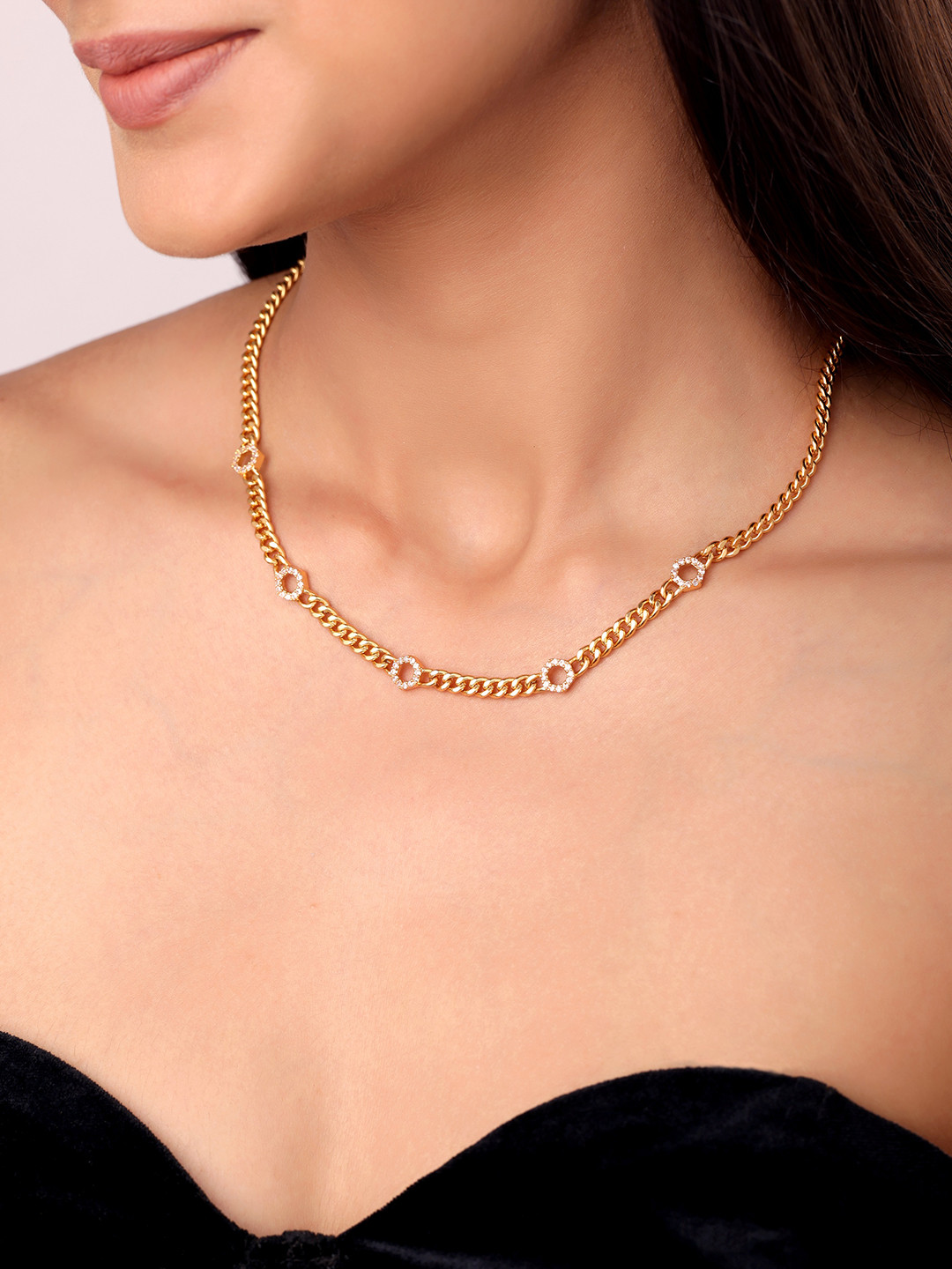 Sucra 14Kt Real Gold Plated Hexagonal Cubic Zirconia Studded Linked Necklace