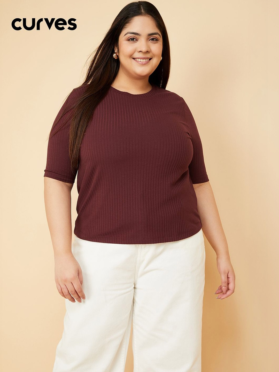max Women Purple Round Neck Short Sleeves T-shirt