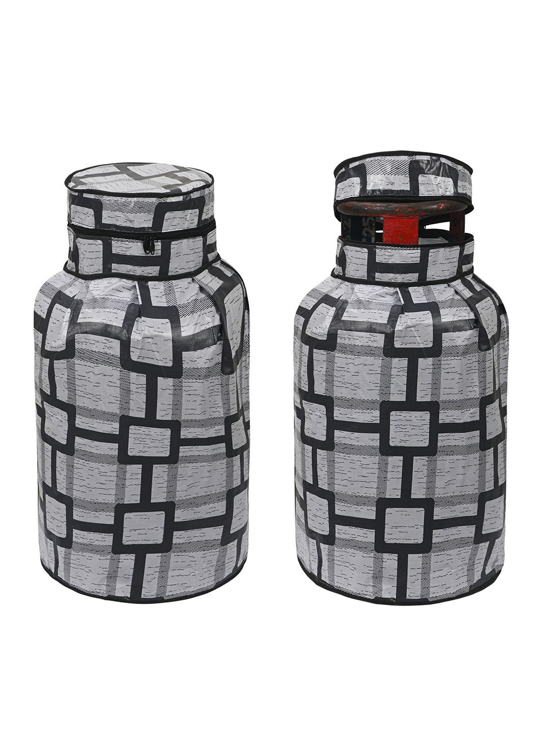 HOMESTIC 2Pcs Black & Grey Checked Dust-Proof Cylinder Cover With Zip Closure
