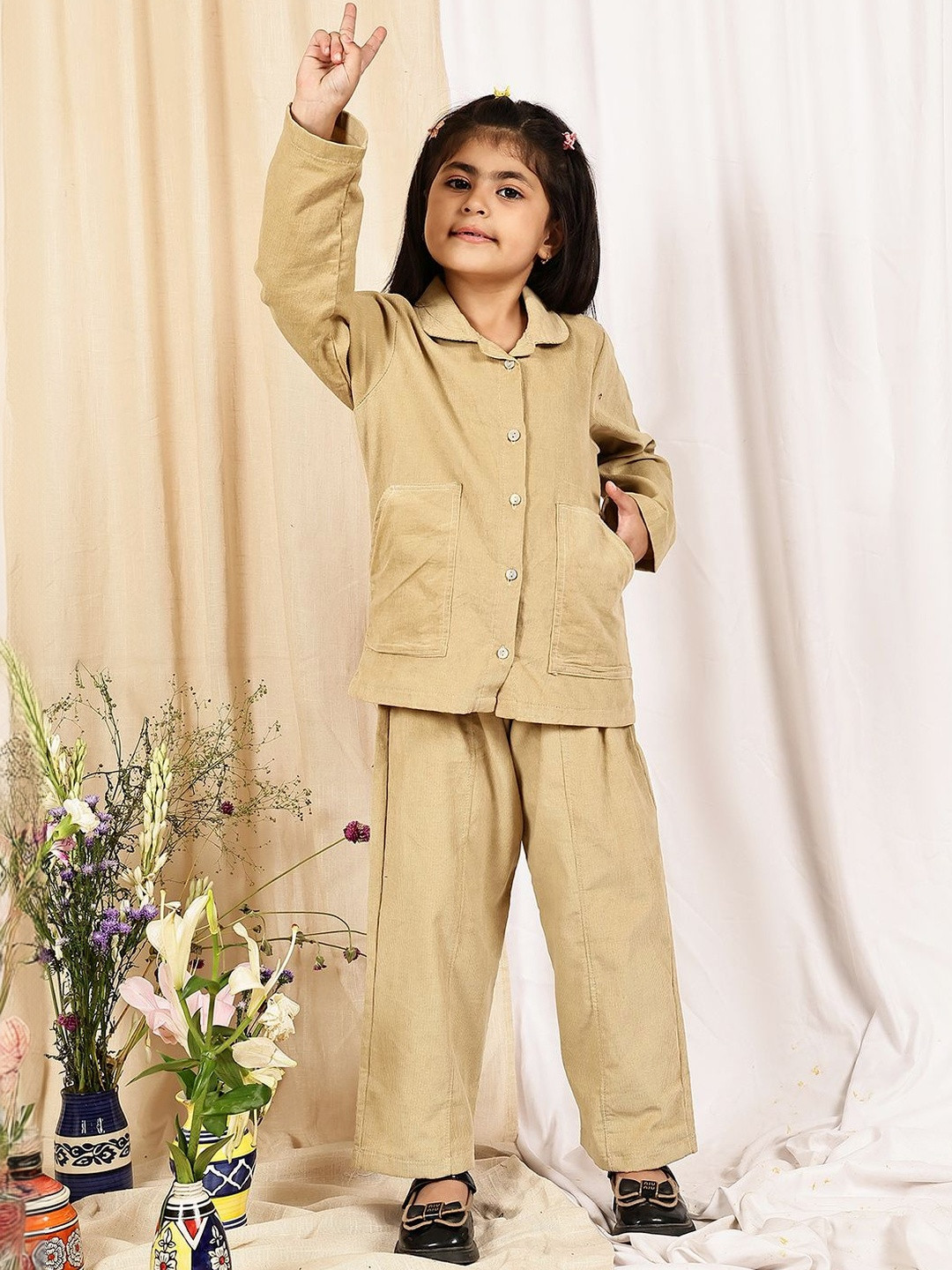 YK Girls Beige Corduroy Button-Down Jacket Trousers Co-ord Set