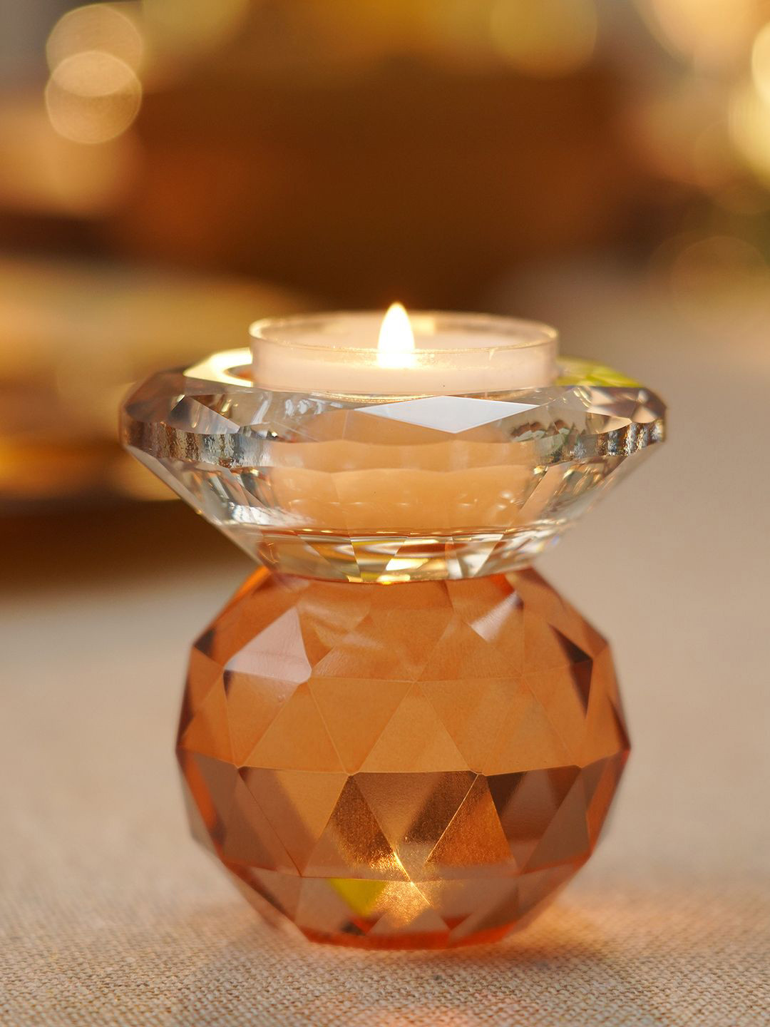 Pure Home and Living Brown Amber Cut Glass Crystal Candle Holder