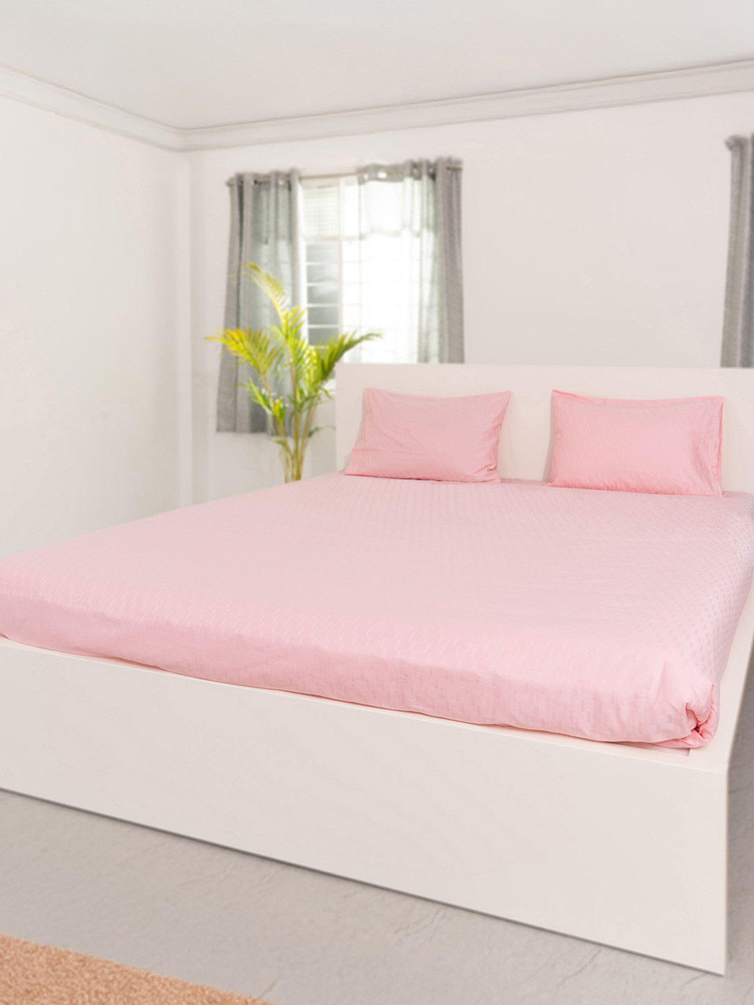 Oyvu Pink Self Design Cotton 300 TC King Fine Bedsheet with 2 Pillow Covers 78 x 72 Inch