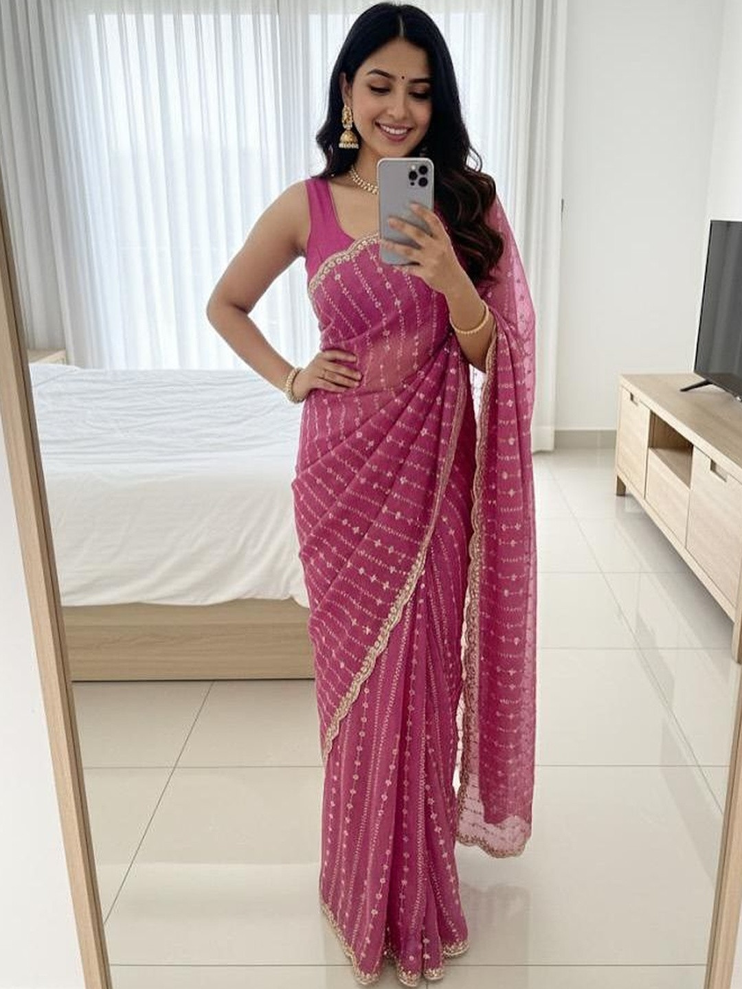 A.G.M.G FASHION Embellished Sequinned Satin Heavy Work Saree