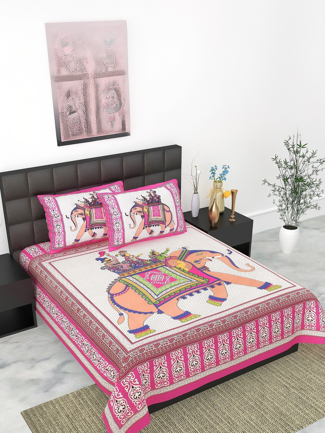 KD PRINTS Pink & White Ethnic Motifs 180 TC King Bedsheet with 2 Pillow Covers