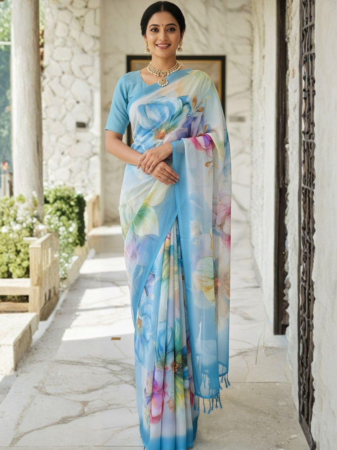 ZAMUNA Floral Pure Georgette Bhagalpuri Saree
