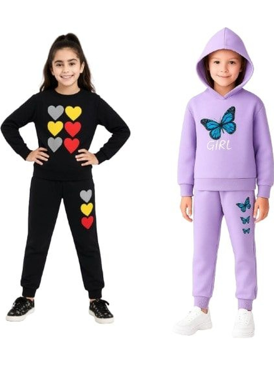 US TRENDZ Girls Pack Of 2 Printed Hood Neck Mid-Rise Track Suit