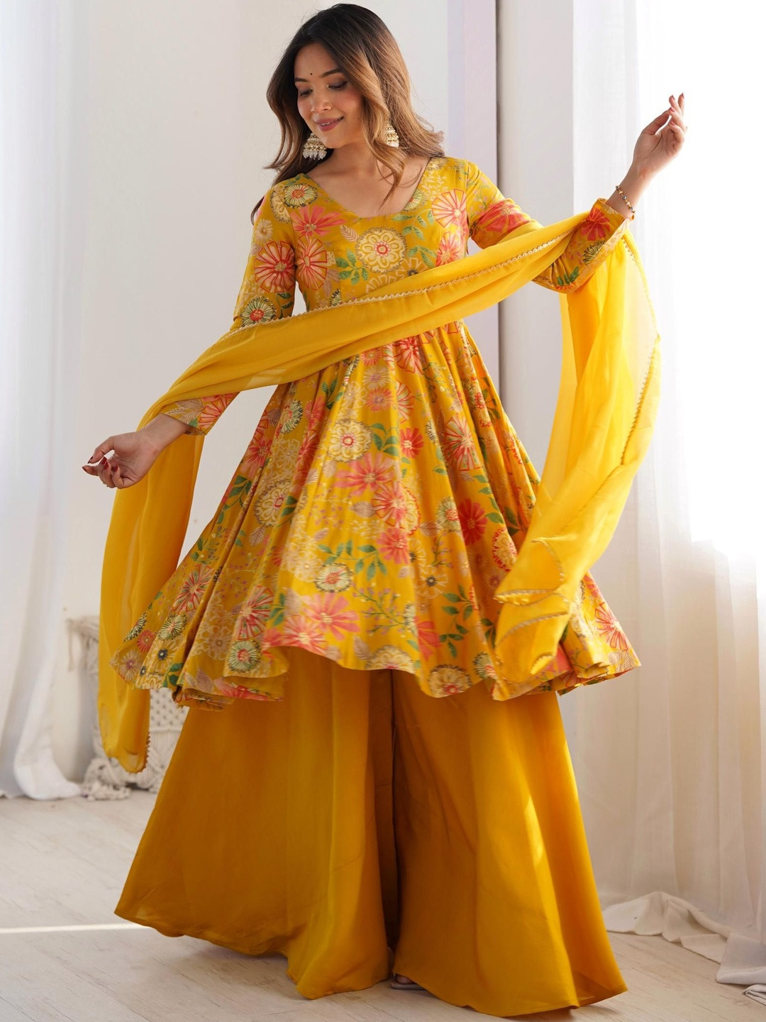THE52 Women Floral Printed Regular Chanderi Silk Kurta with Palazzos & With Dupatta