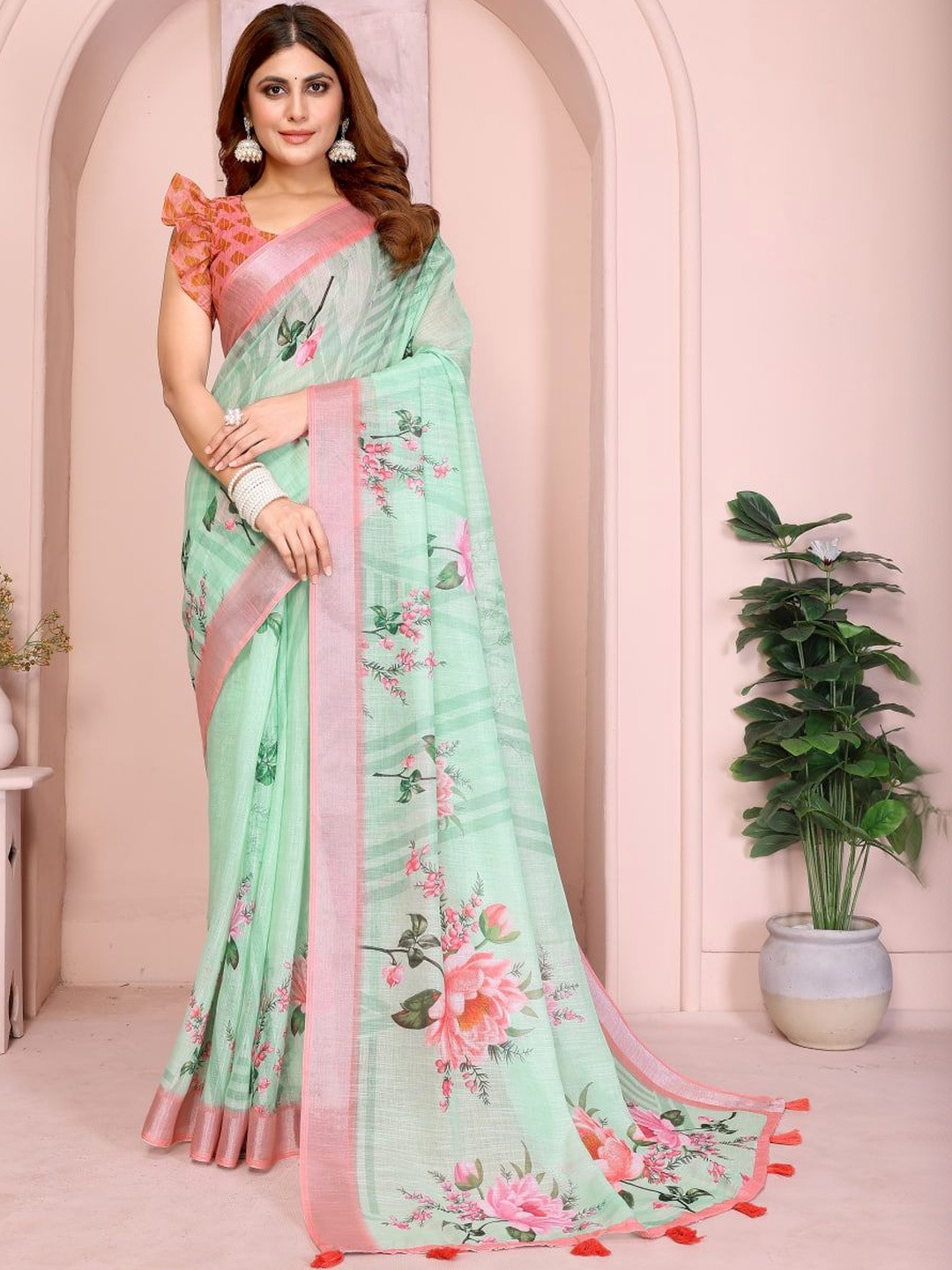Shri salasar silk Mills Floral Pure Linen Handloom Saree
