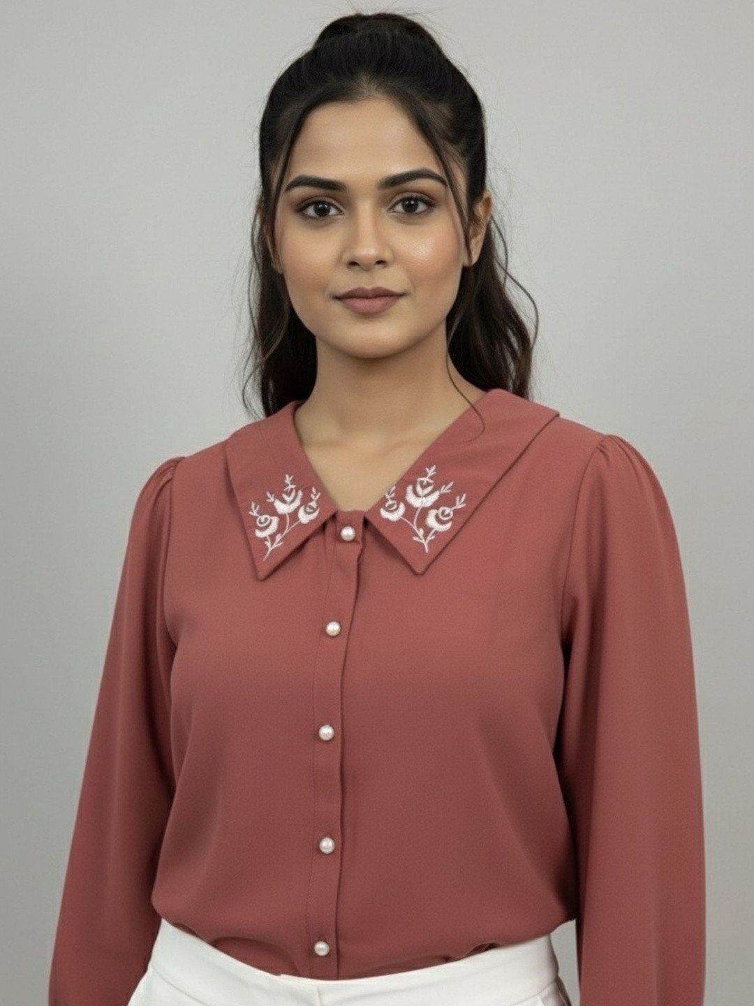 WineRed Embroidered Peter Pan Collar Crepe Top