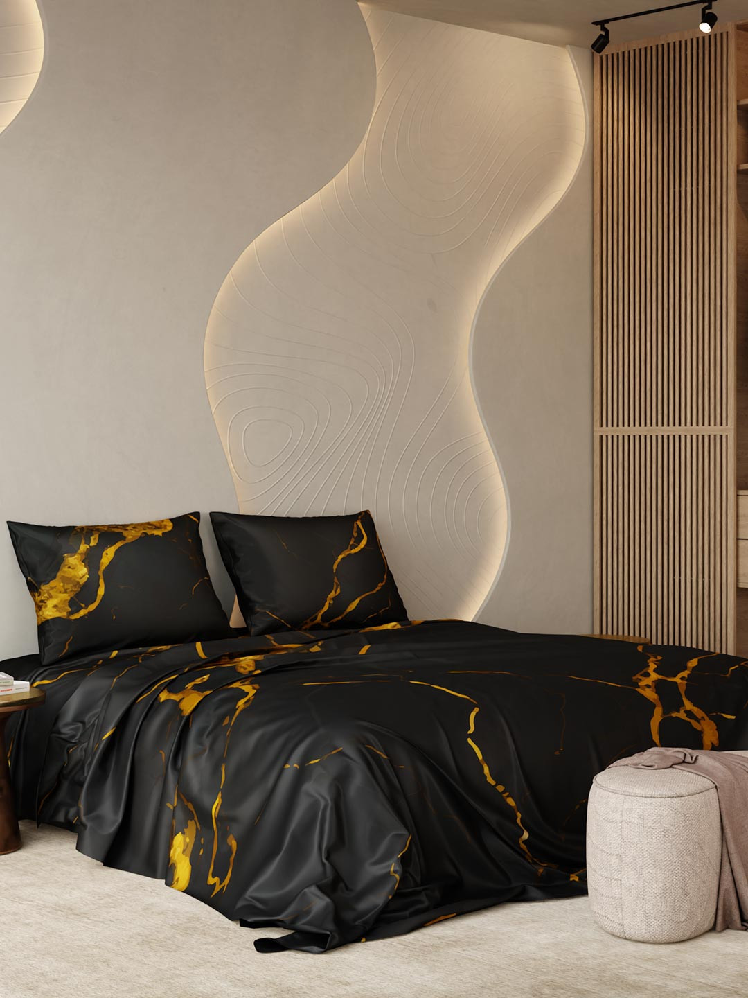 Stoa Paris Black & Yellow 300 TC Super King Bedsheet with 2 Pillow Covers