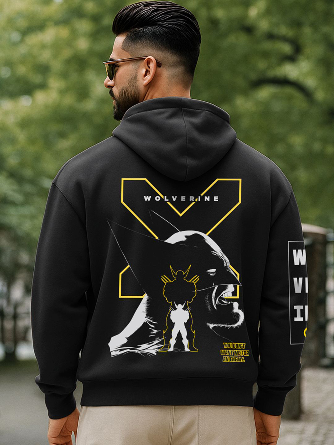Bewakoof OFFICIAL MARVEL MERCHANDISE Jet Black Weapon Graphic Printed Oversized Hoodies