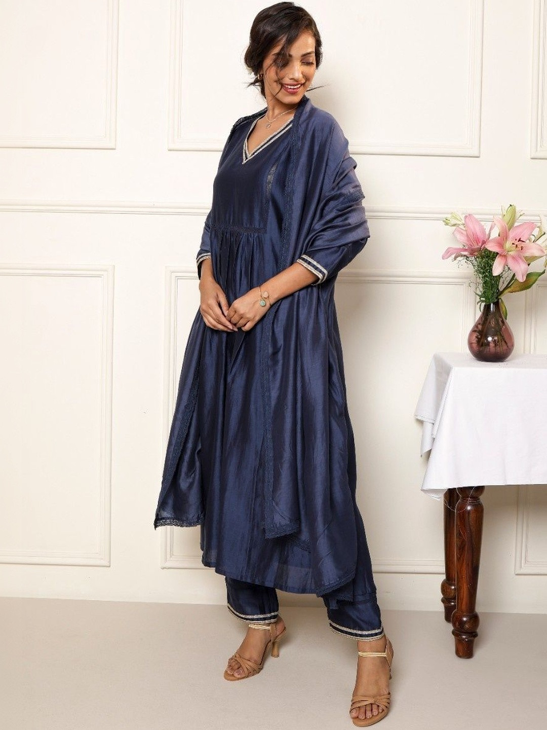 Studio Rabha Women Panelled Thread Work Chanderi Silk Kurta with Trousers & With Dupatta