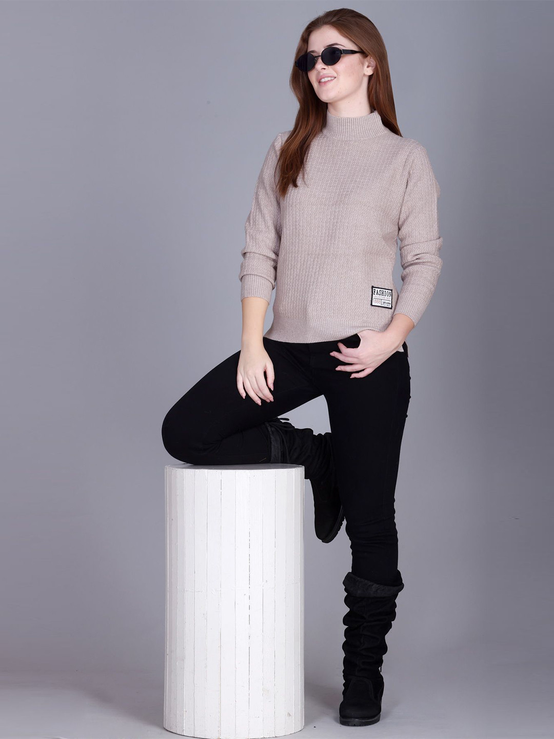 The Roadster Lifestyle Co Womens Beige High-Neck Plain Knit Sweater