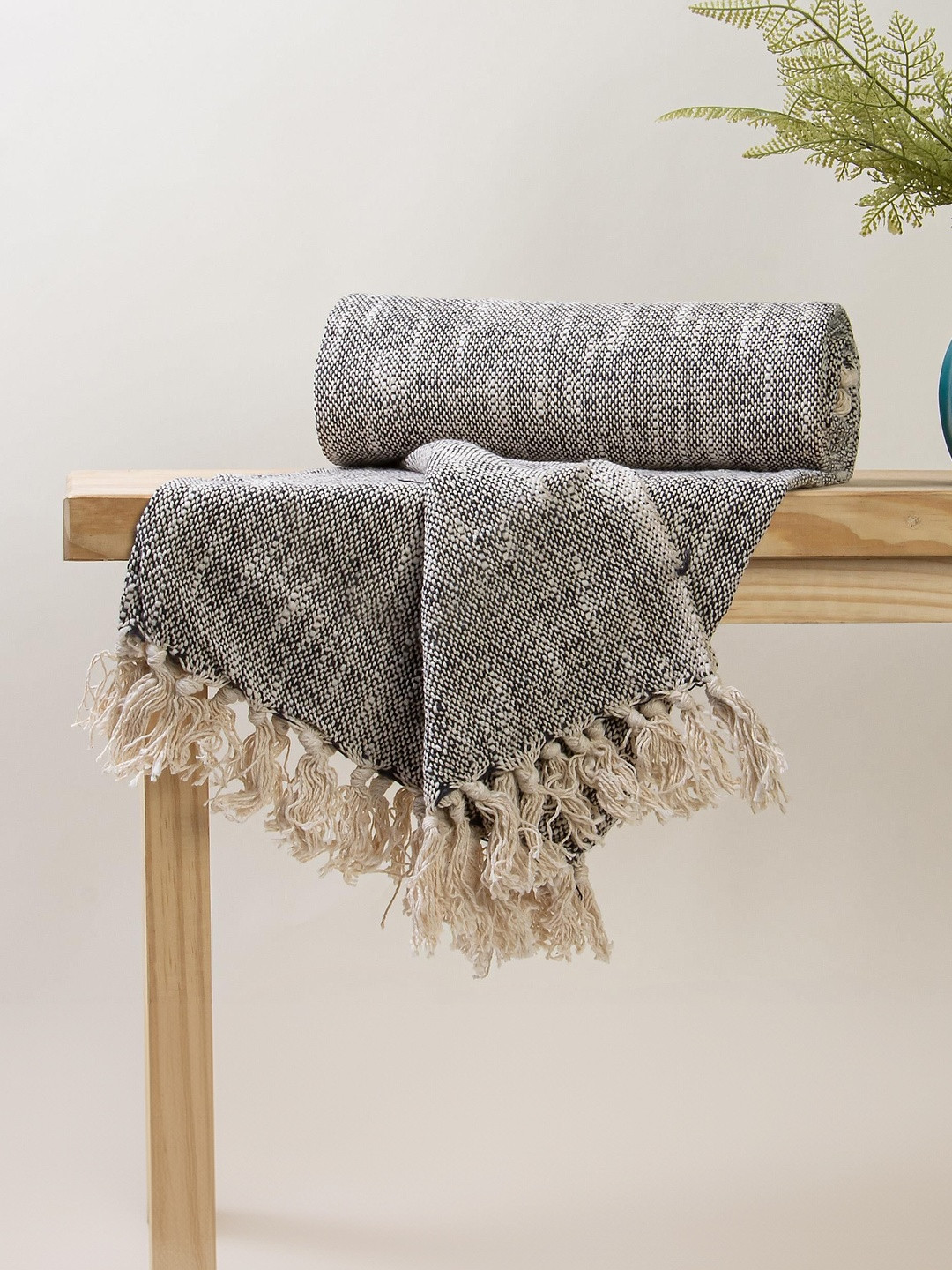 DMAASA Grey & White Woven Pure Cotton Sofa Throw
