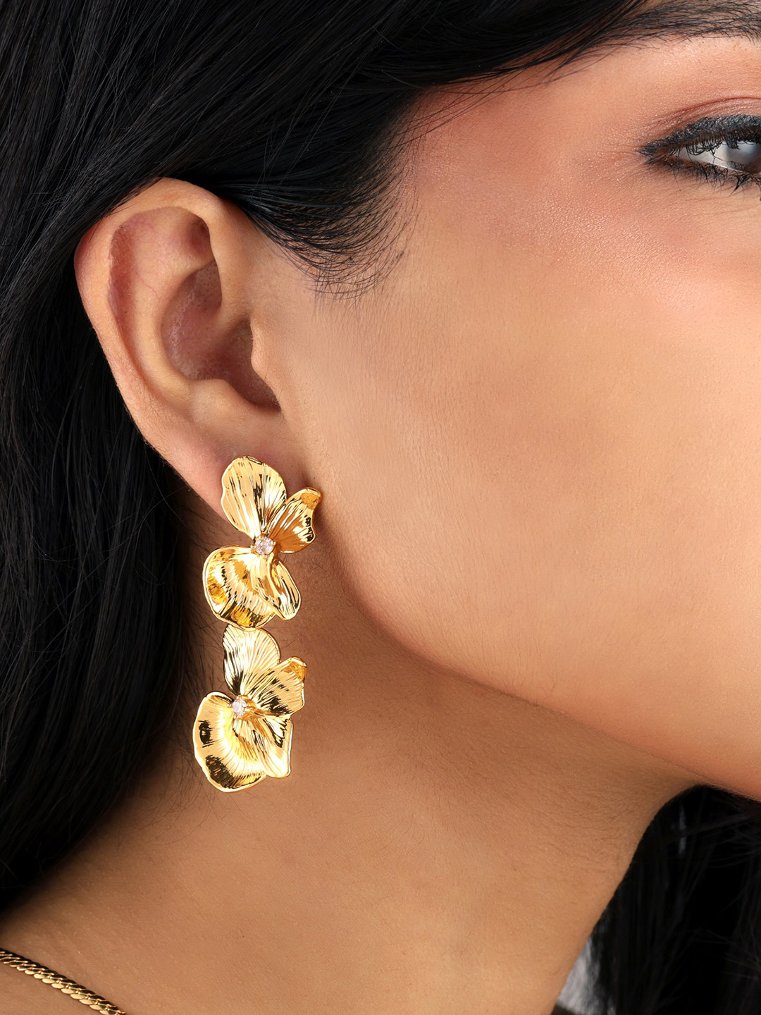 Sucra 14Kt Real Gold Plated Serene Fleur Cubic Zirconia Drop Earrings