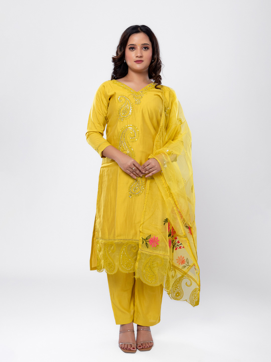 Label By Anusha Embroidered V-Neck Mirror Work Straight Kurta with Trousers & With Dupatta