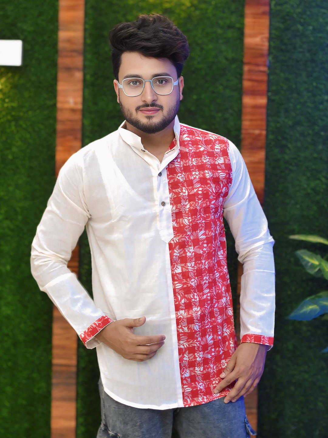 Tant Ghar Mens White and Red Printed Long Sleeves Kurti