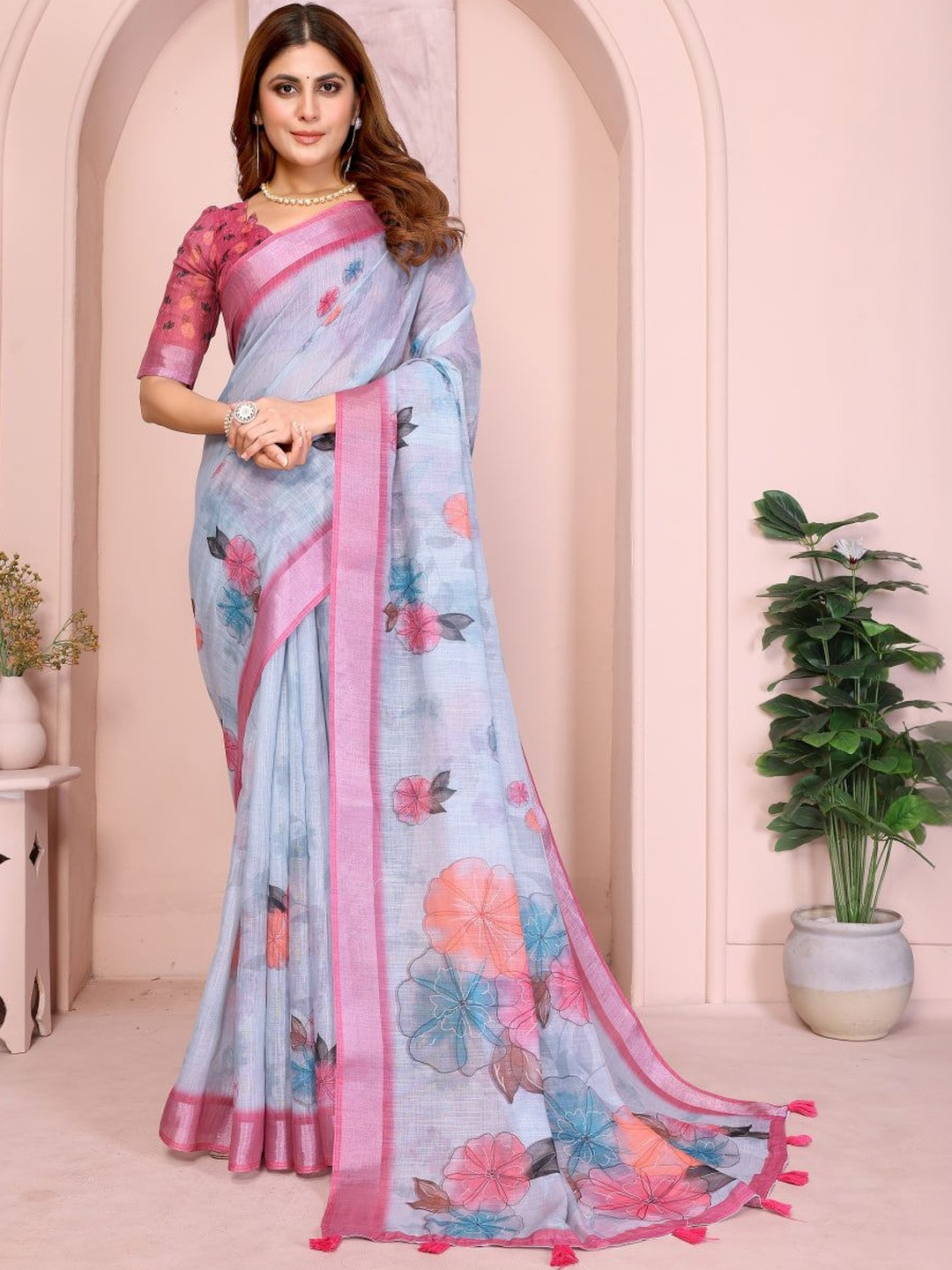 Jinesh corporation Floral Pure Linen Saree