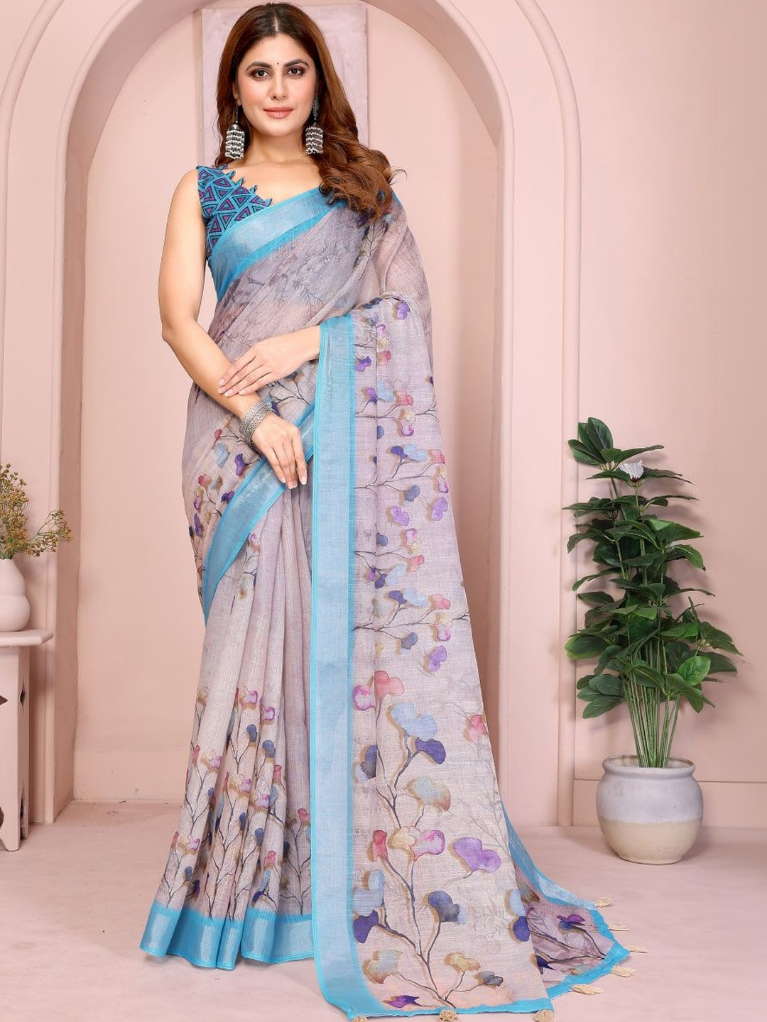 S B SONS CREATION Floral Pure Linen Handloom Saree