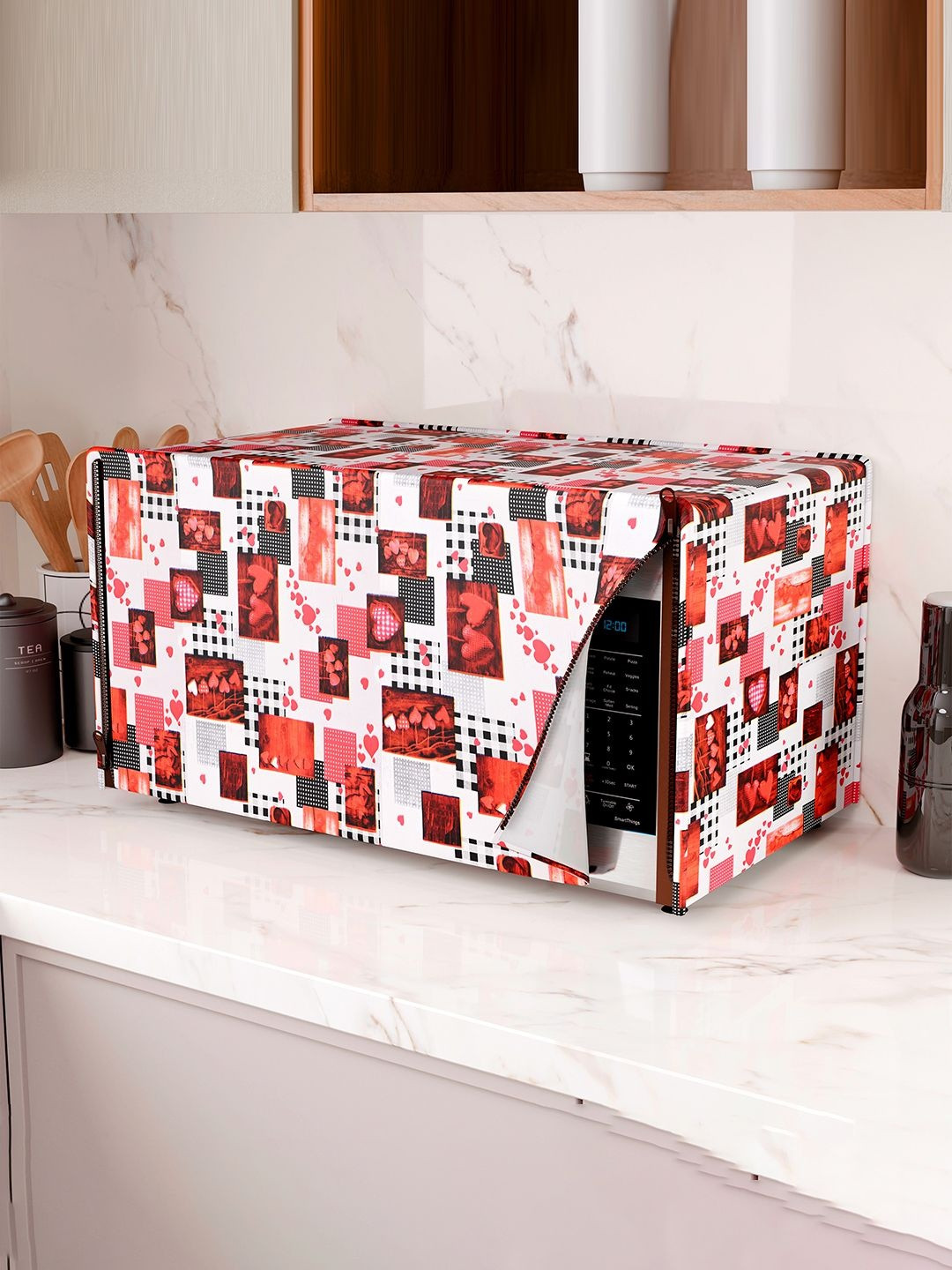 Kuber Industries Red & White Dil Check Printed Microwave Oven Cover