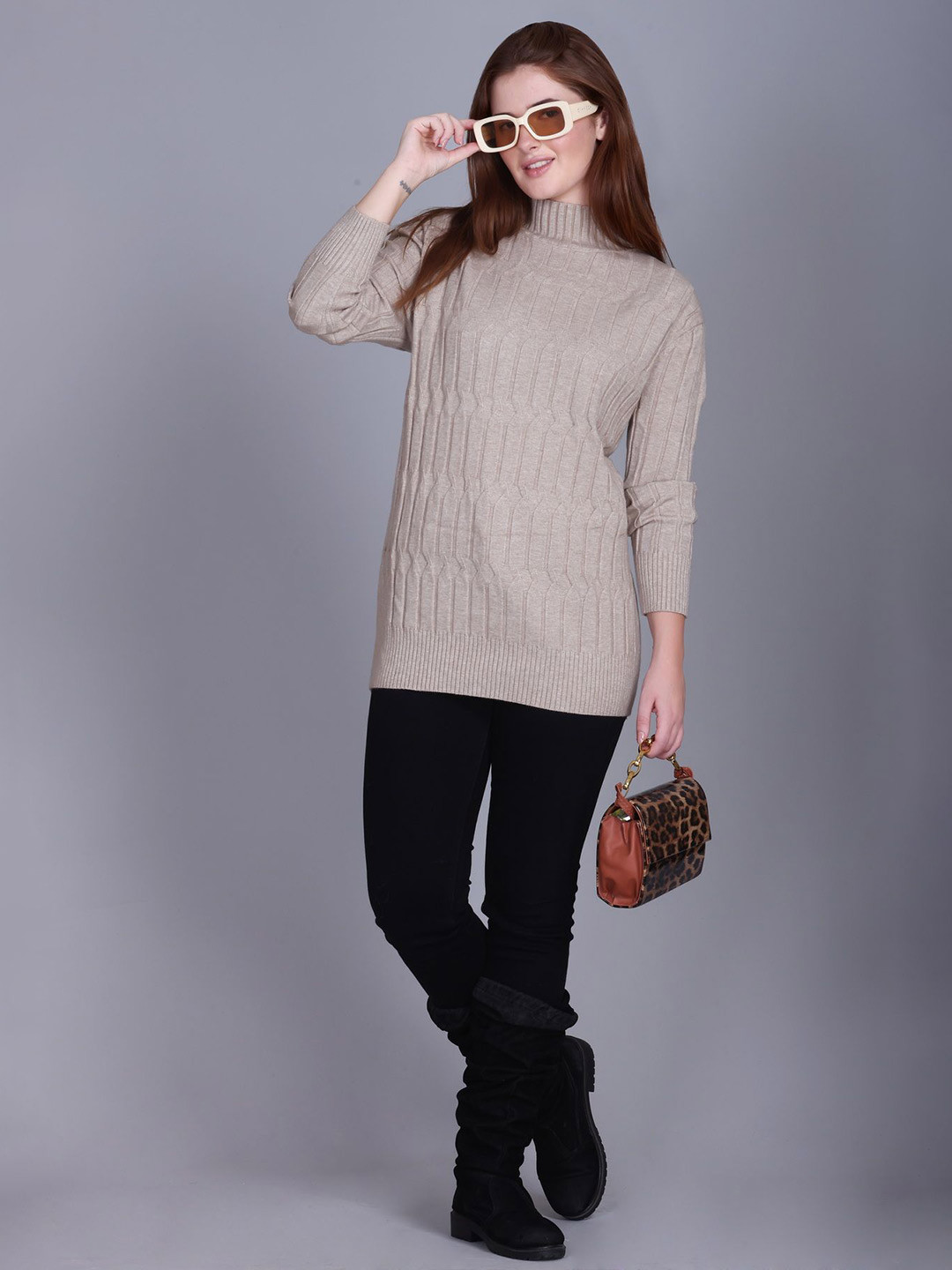 The Roadster Lifestyle Co Womens Beige High-Neck Cable Knit Sweater