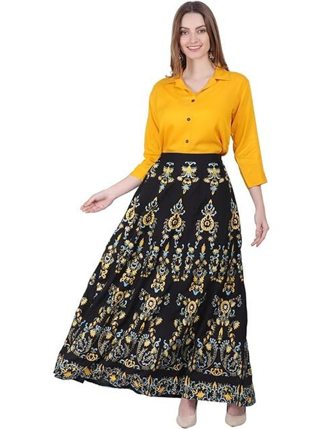 ERUDITE CLUB Shirt & Printed Flared Skirt Set