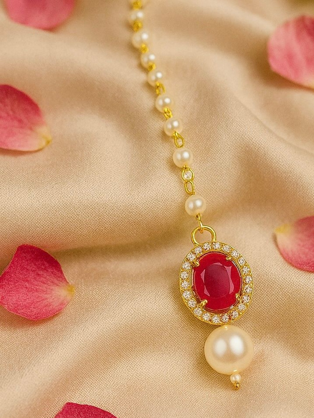 KYOOT JEWELS Gold-Plated Artificial Stones and Beads Studded Maang Tikka Head Jewellery