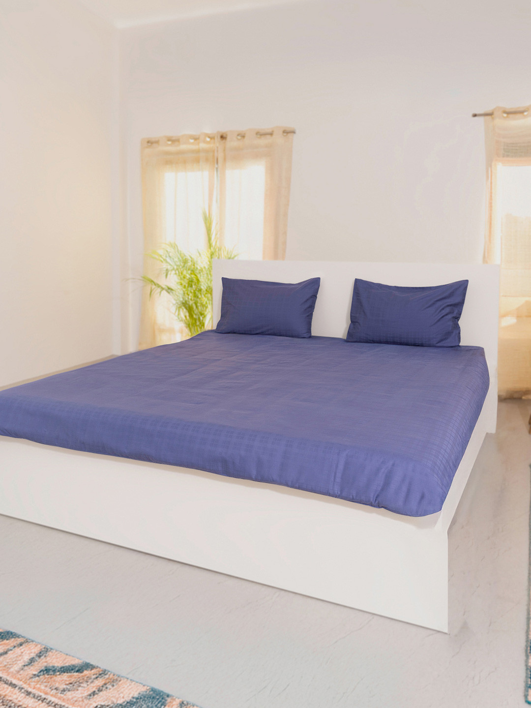 Oyvu Navy Blue Self Design Cotton 300 TC King Bedsheet with 2 Pillow Covers 78 x 72 Inch