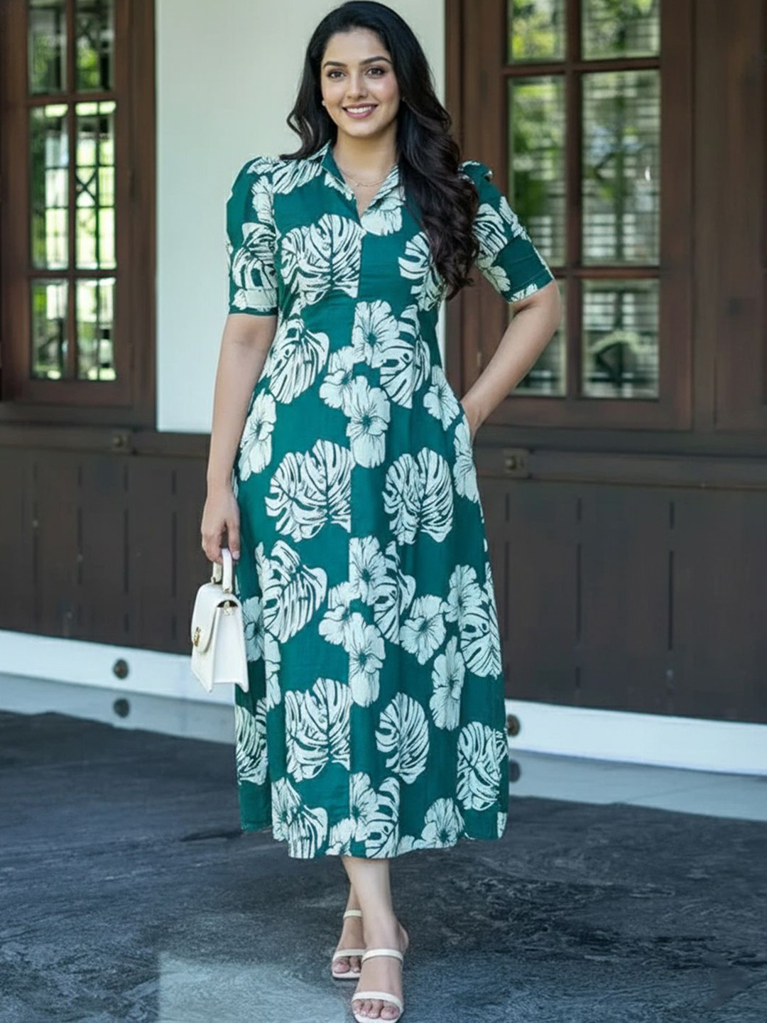 SHINISHA Floral Print Puff Sleeve A-Line Midi Dress