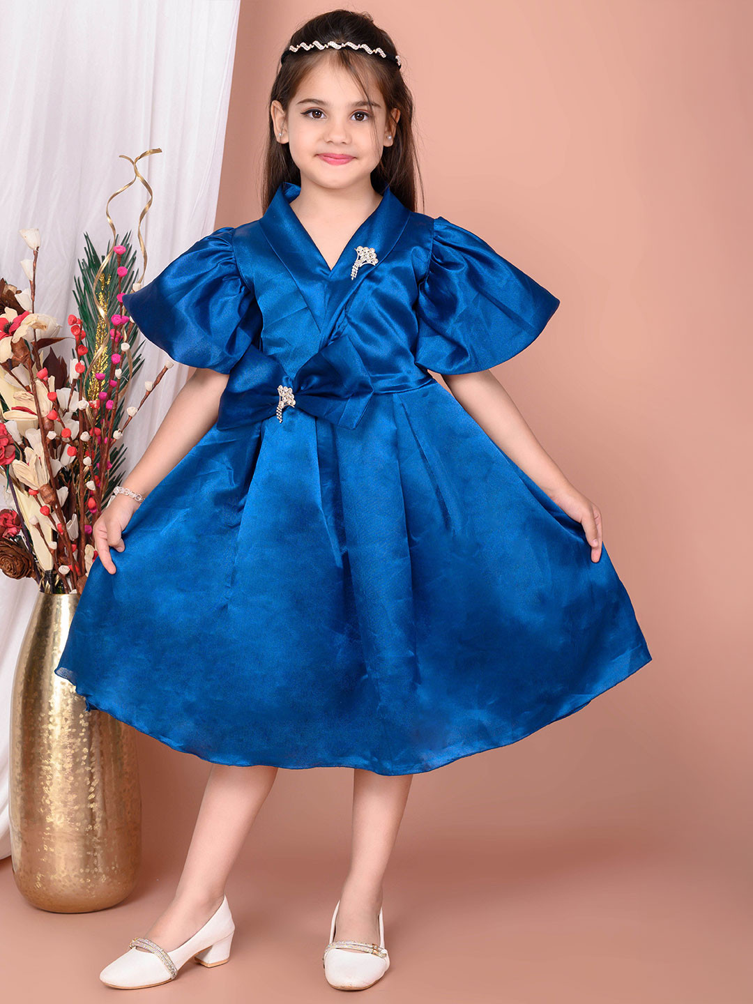 SABIKO Striped Flutter Sleeve Crepe Fit & Flare Dress