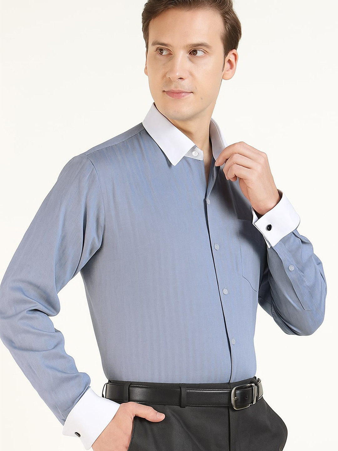 Hancock Men Self Design Herringbone Weave French Cuff Pure Cotton Slim Fit Formal Shirt