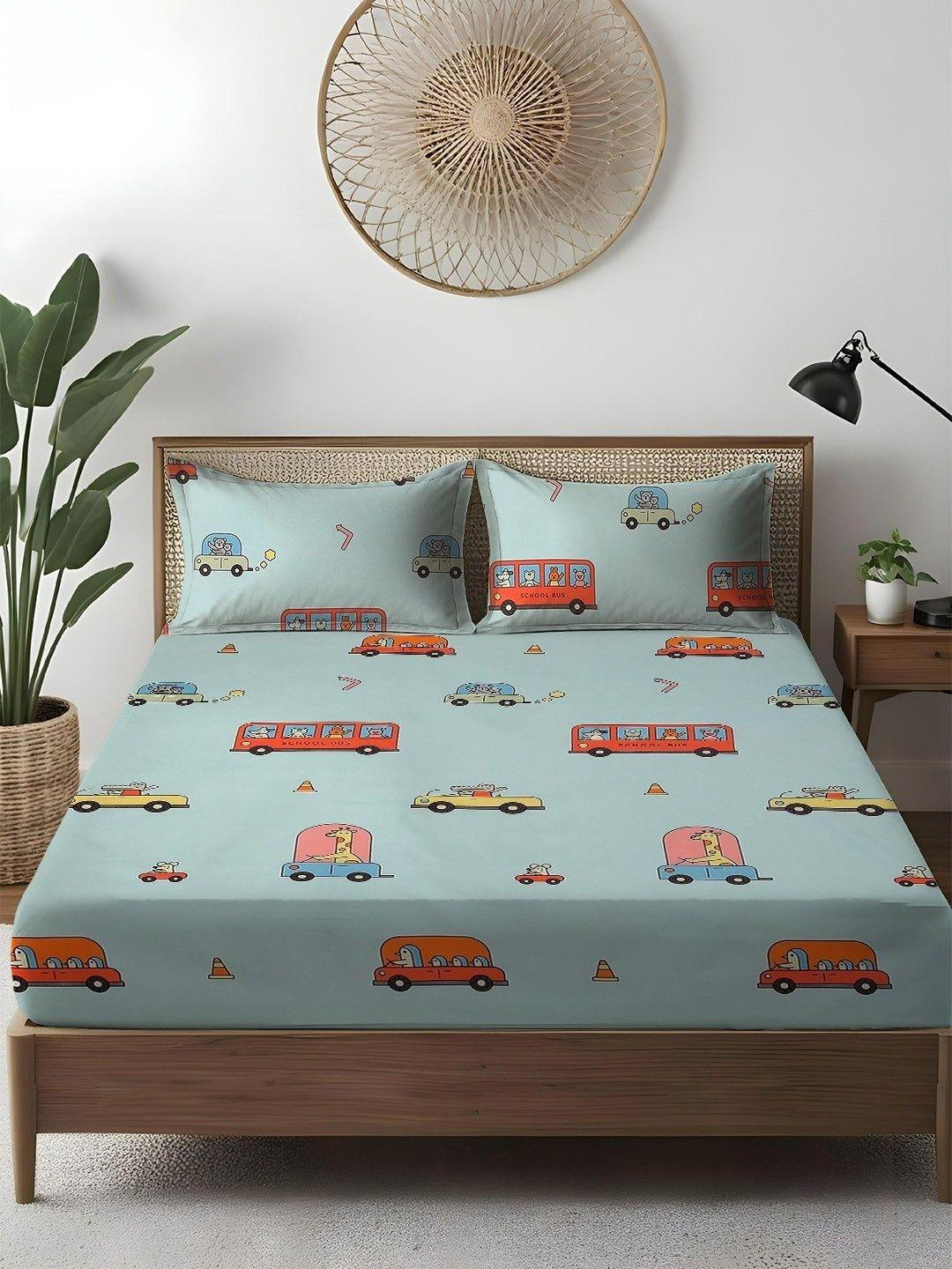 WEAVE AND DECOR Blue Cartoon Characters 300 TC King Bedsheet with 2 Pillow Covers