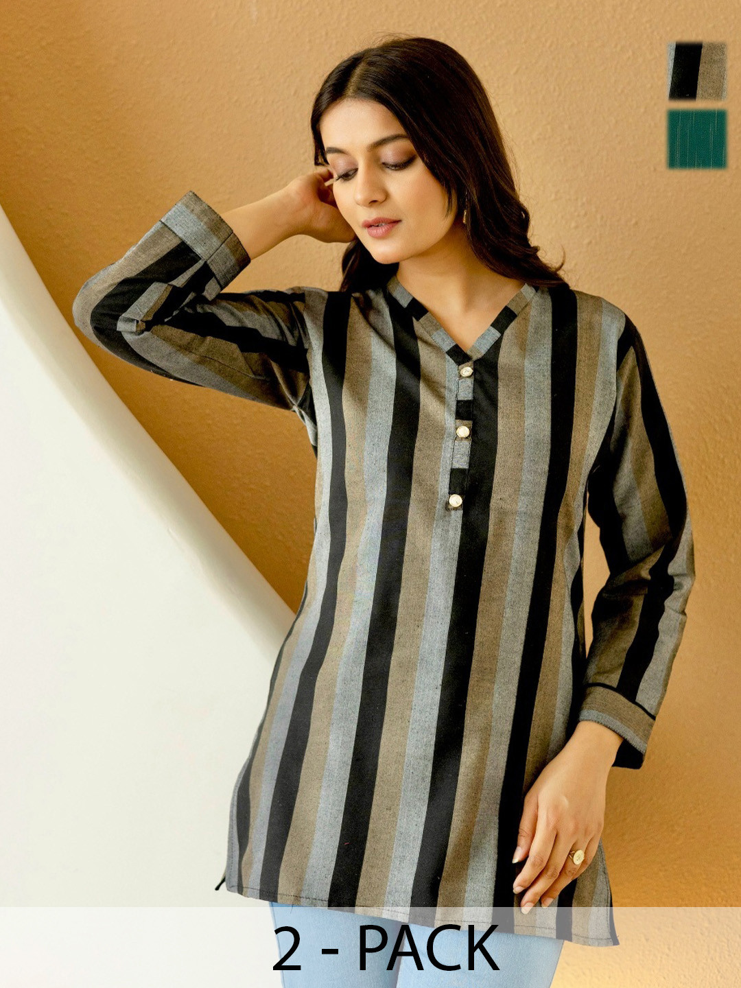 BILANZA Women Pack of 2 Striped Mandarin Collar Kurtis